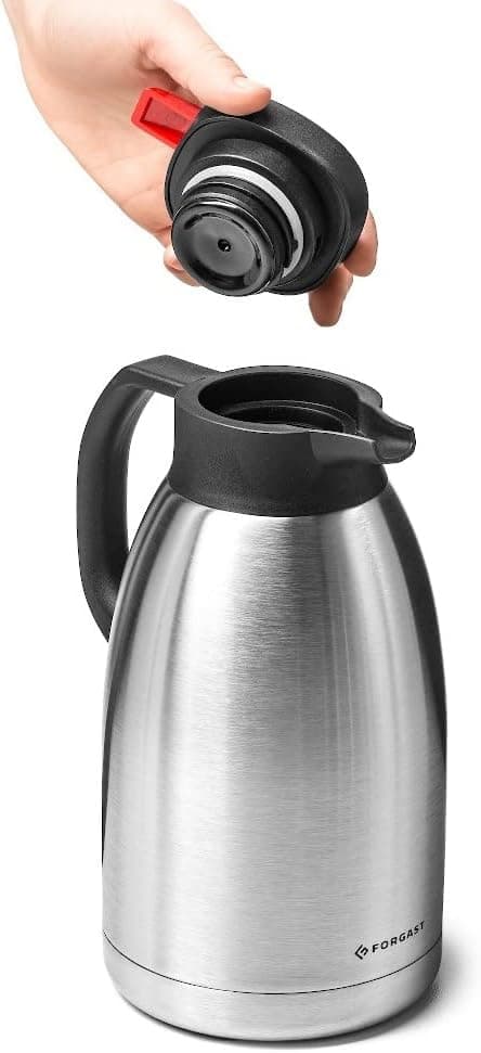Thermos de conférence | Acier inoxydable | Capacité 2 litres | Rabat avec bouton et poignée en plastique | pour boissons froides et chaudes | Facile à nettoyer | Lavable au lave-vaisselle