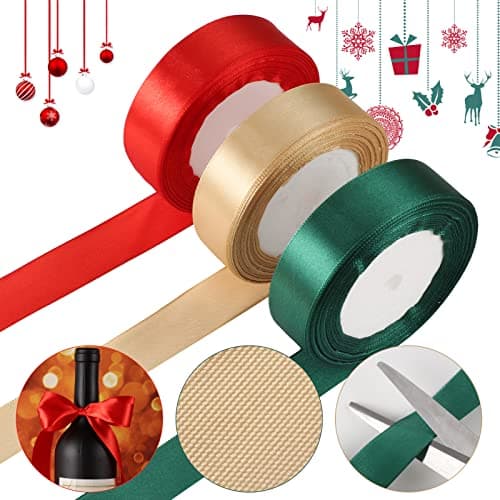 3 Rouleaux Ruban Satin, 2,5cm x 22m Ruban Satin Rouge, Or et Vert Foncé, Ruban Tissu Couleur pour Emballage Cadeau Noël Bouquet de Mariage Anniversaire Artisanat