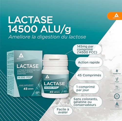 Lactase Comprimes 14500FCC extra forte- Lactase Enzyme– Effet rapide– Améliore la digestion du lactose- Enzyme Digestive Lactase 145mg Format pocket- 45 comprimés- Bodyathlon