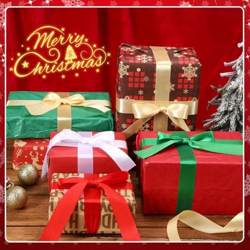 Ruban de Noël 4 Rouleaux, 2.5cm de large, 100 Yards, Rouge, Vert, Or, Blanc, pour Emballage Cadeaux et DIY