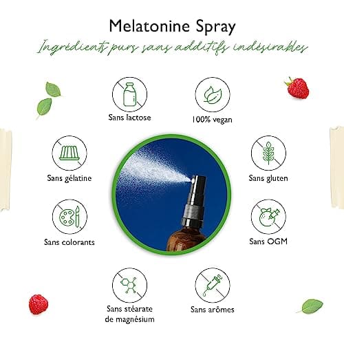 Spray mélatonine - Spray instantané extra fortement dosé avec 0,5 mg de mélatonine par pulvérisation - Spray pour l'endormissement - Sans alcool - Testé en laboratoire - Vegan - Goût framboise - 30 ml