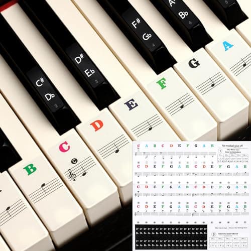 Amabro Autocollants imperméables pour clavier de piano de 37/49/54/61/88 touches - Lettres transparentes amovibles - Étiquettes réutilisables pour débutants (multicolore)