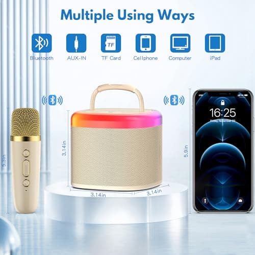 JYX Machine de Karaoké avec 2 Microphones sans Fil, Karaoke Portable Jouets avec Lumières LED Enfants Adultes, Mini Karaoke Bluetooth, Idee Cadeau Enfants 5,6,7,8,9,10,11,12,13,14,15 Ans Noir/Beige