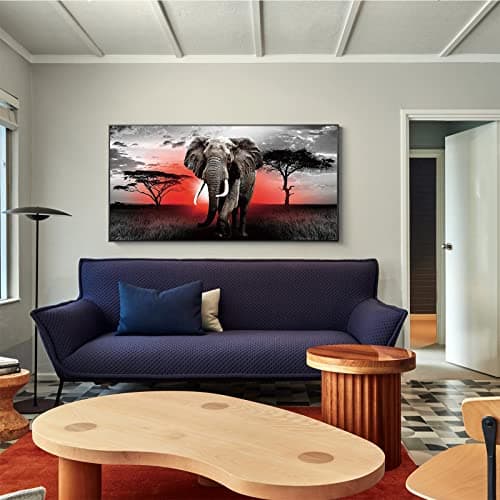 DCIDBEI 110x50CM 5D Rond Diamond Painting Grand Format Paysage Afrique,Peinture par Numéro Animal Anime, Point De Croix Diamant Arts Craft Maison Entrée Décoration Murale,Eléphant Africain