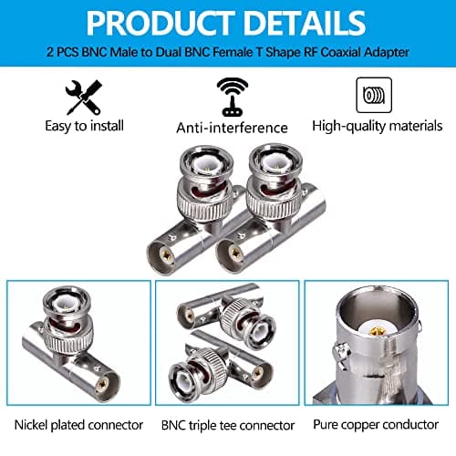 Connecteur BNC Triple T BNC mâle à double BNC femelle Adaptateur coaxial RF en forme de T pour câble coaxial de sécurité CCTV DVR Caméra BNC 3 voies Splitter Combiner 2 Pack