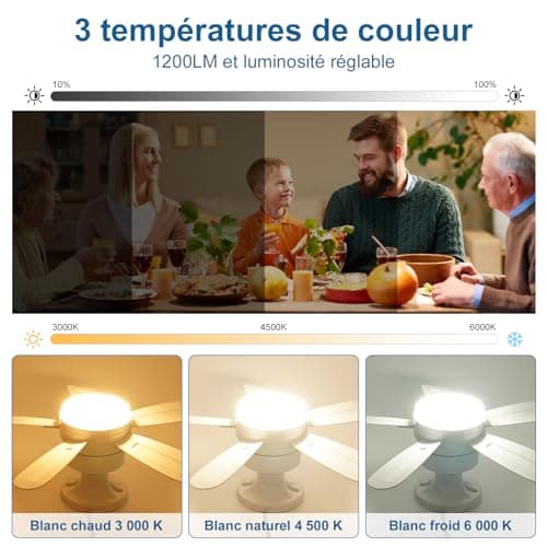 VARICART Silencieux Ventilateur Plafond avec Lumière et Telecommande, Ventilateur Plafond avec Douille E27, 3 Températures de Couleur 3000K-6000K Dimmable LED Ventilateur Plafond, 6 Vitesses, 5 Pales