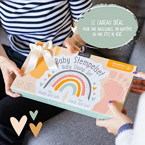 Amari ® Set d'empreintes de main et de pied de bébé avec 2 tampons encreurs et 4 cartes d'impression - Cadeau kit pour bébé - Empreinte de main et de pied avec cadre photo - Baby Party cadeau