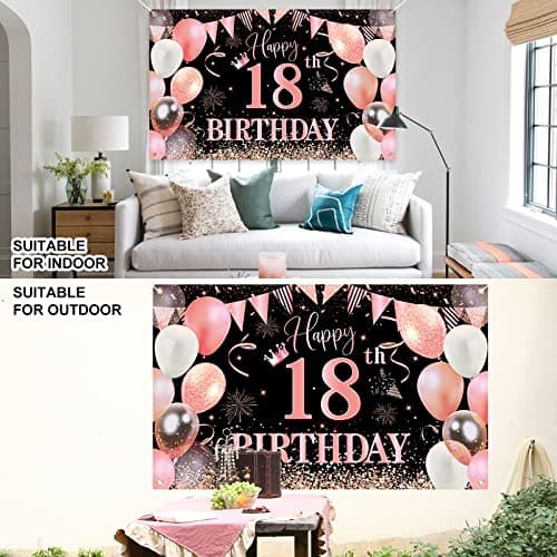 18 Décorations fête en Rose or Noir,Deco Anniversaire 18 ans Bannières de Joyeux Anniversaire Fête Porche Signe Bannière pour 18 ans Décoration Homme Femme