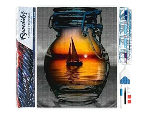 Figured’Art Diamond Painting Broderie Diamant 40x50cm Toile Entière Roulée avec Strass Perles Carrés - Pot et Voilier - Kit Complet Paysage 5D DIY Activité Manuelle Loisirs Créatifs Adultes