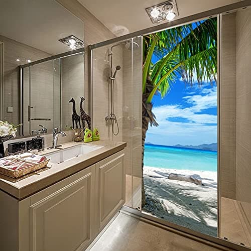 A.Monamour Sticker Porte Autocollant Poster De Porte 3D Cocotier Tropical Plage De Sable Bleu Mer Nature Paysage Vinyle Affiche De Porte Sticker Mural Papier Peint Art Décor 77 x 200 cm
