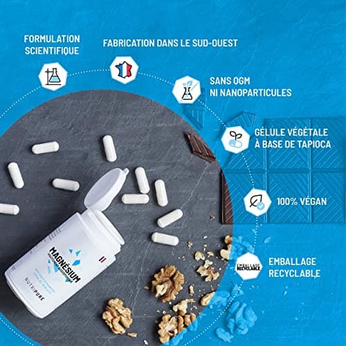 Nutripure | Magnésium Bisglycinate + Taurine & Vitamine B6 | Haute Absorption & Concentration | Anti-Fatigue | 100% Vegan | 60 gélules végétales | Cure de 1 mois | Made in France
