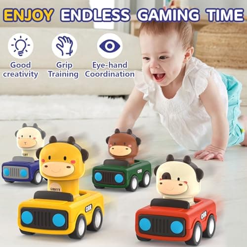 MOONTOY Petite Voiture Enfant 1 2 3 Ans,Lot de 4 Voiture Jouet Bebe 1 an,Jouets Friction Véhicules,Animaux Mignons Camion Jouet,Jeux Éducatifs idee Cadeau pour 9 12 18 24 Mois Garçons Filles