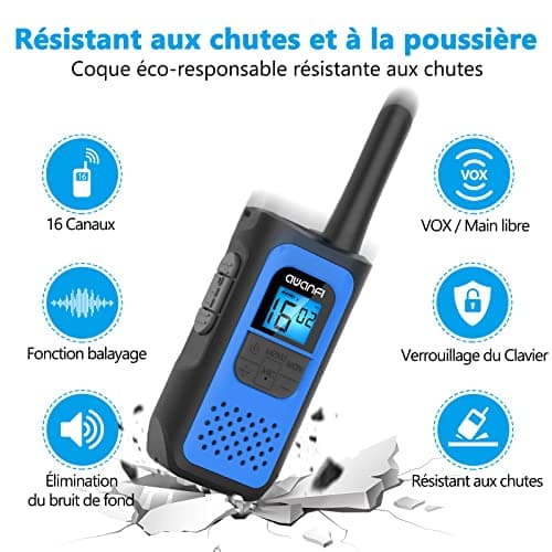 AWANFI Talkie Walkie Rechargeable Enfants Adultes 3 Pièces, Longue Portée avec 16 Canaux Radio à 2 Voies Écran LCD, USB Type C avec VOX pour Jeu d'Aventure, Randoneé, Vélo