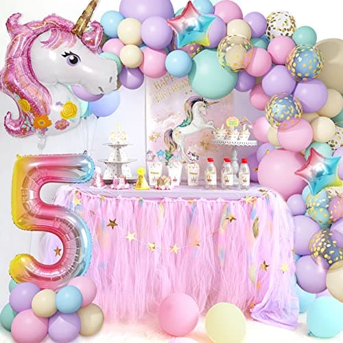 5 Ans Licorne Ballons Arche Anniversaire Décorations Fille, 120 Pièces Kit Pastel Ballon avec 3D Licorne Macaron Rose Violet Latex Confetti Numéro 5 Ballons Joyeux Anniversaire Bannière Cake Toppers
