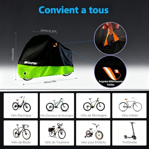 ZUAPEV Housse Velo Exterieur Protection, Bache Velo Exterieur Impermeable 210D Bâche Vélo Etanche, Protege velo Pluie Couverture 1 Velo de Course/Route/ VTT/Electrique/Ville/Enfant,195x70x110cm