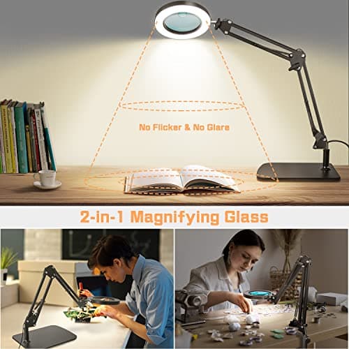 Jubor 2 en 1 Lampe de Bureau Loupe, 15X 10X Loupe avec Lumière et Support, Lampe Loupe LED avec Bras Pivotant, Lampe de Bureau avec 3 Modes de Couleurs Réglables pour Lecture, Réparation, Artisanat