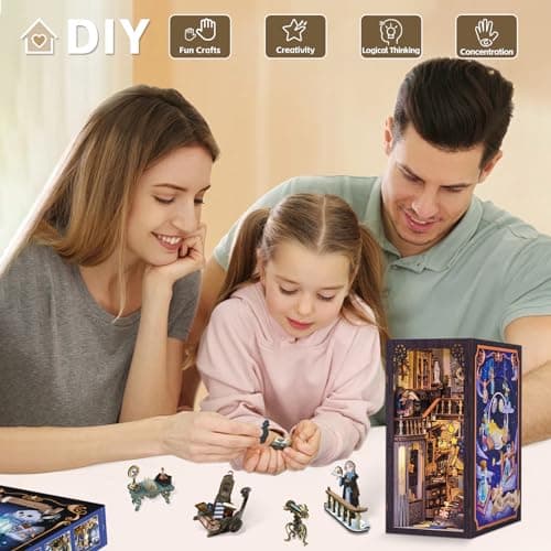 CUTEBEE DIY Book Nook Kit avec Housse de Protectio, de Maison de Poupées Miniatures avec Meubles et Lumière LED,Puzzle 3D en Bois,Serre-Livres d'art, modèles pour Adultes à Construire(RK02B)