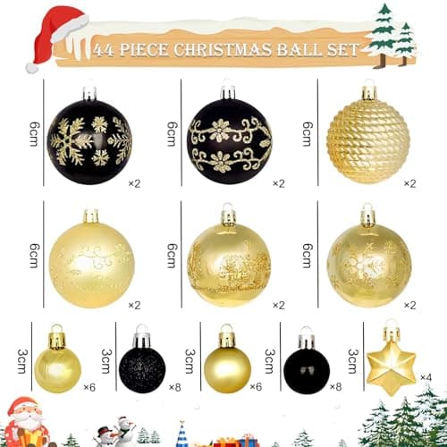 44 Boules de Noël Noir Or Set,Ø 6/4.3/3cm Boules de Noël en Plastique avec Crochet pour décoration d'arbre de Noël,Boules de Noël Décoration d'arbre Extérieur et Intérieur Décoration d'arbre Noël