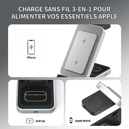 3 en 1 Chargeur sans Fil pour I Phone, Station de Charge sans Fil pour I Phone/16/15/14/13/12/11/Pro/MAX/Plus/X/XR/pour Apple Watch Series 10/9/Ultra 2/8/7/SE, Support de Charge Pliable