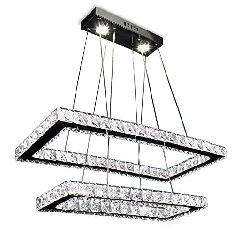 Lustre moderne en cristal rectangulaire à 2 anneaux en acier inoxydable pour salle à manger, salon, chambre à coucher (blanc froid)
