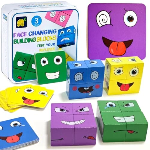 Jeux Montessori Enfant Interactif Emoji Bloc, Puzzle de Blocs D'expressions en Bois, Blocs Cube de Construction Changeants de Visage, Jouets Montessori Cadeau pour Enfants