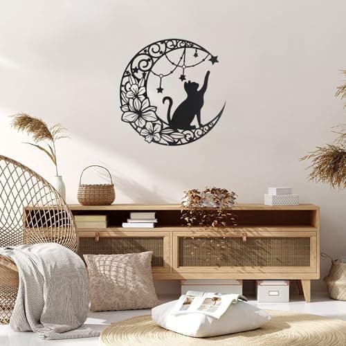 momgyaamz 11,8" Art Mural Noir en Métal, Chat qui choisit des étoiles sur la lune Décoration Murale Ronde Silhouette Art, pour Cadeau intérieures et extérieures Jardin Maison Décoration(30x30cm)