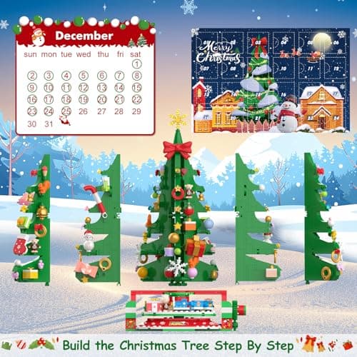 HOGOKIDS Calendrier de l'Avent 2024 Mini-arbre de Noël rotatif avec lumière LED, compte à rebours de Noël de 24 jours, blocs de construction, cadeau de Noël pour adultes et enfants de 8 ans et plus