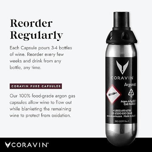 Coravin - Gaz Argon Capsules en Acier Inoxydable - à Utiliser avec Les Systèmes et Dispositifs de Préservation du Vin Une Capsule Conserve Jusqu’à 15 Verres, Pack de 6