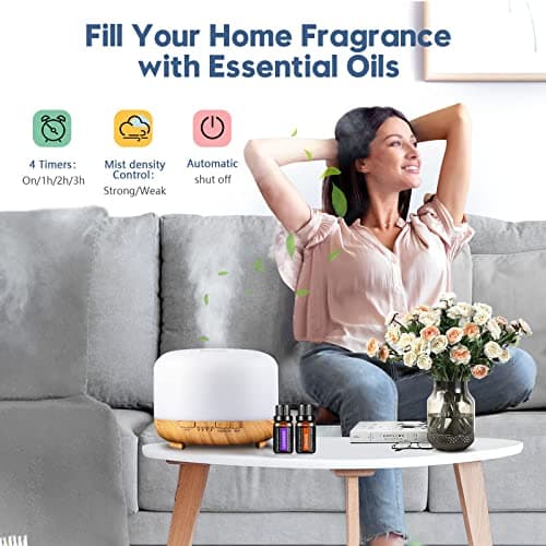 LONID 500ml Diffuseur d'Huile Essentielle, Ultrasonique Diffuseur Huiles Essentielles, Humidificateur d'air lumières 7 Colorées,Arrêt Automatique 4 Timing, Spa, Yoga, Massage,Apaisant (Bois)