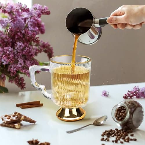 Joeyan Lot de 2 Tasse à Café à Bord Doré, 350ml Verres à Thé Cannelés Vintage avec Poignée, Tasses à Expresso, Verres Nervurés pour lattes,lait,Cappuccino,thé,boissons,Lavable au Lave-vaisselle