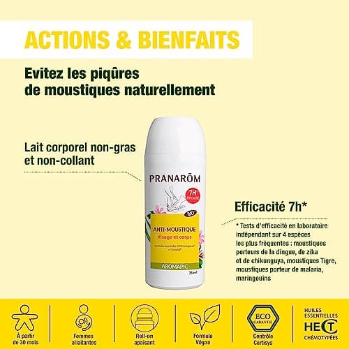 Pranarôm Roller Anti-Moustiques Bio Efficacité 7 Heures aux Huiles Essentielles Biologiques Aromapic 75 ml