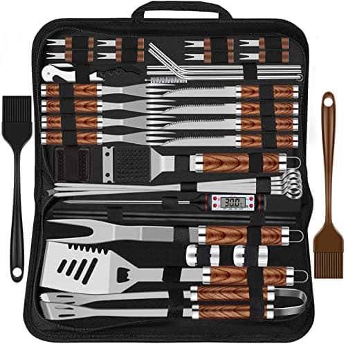 Grilliance 38pcs Kit Barbecue Set Accessoires de Grill en Acier Inoxydable pour Hommes,Ensemble d'Ustensiles de Grill de Haute Qualité avec Sac et Tapis pour Camping Marron