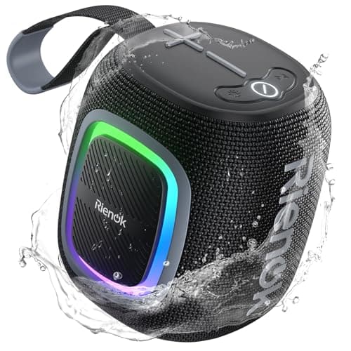 RIENOK Enceinte Bluetooth 5.3 Portable, Haut Parleur Puissant Lumineuse, Autonomie 15H, 1800mAh, Fonction Radio, Port Clé USB, AUX, TF Carte, pour Soirées Plage, Randonnées, Voyage