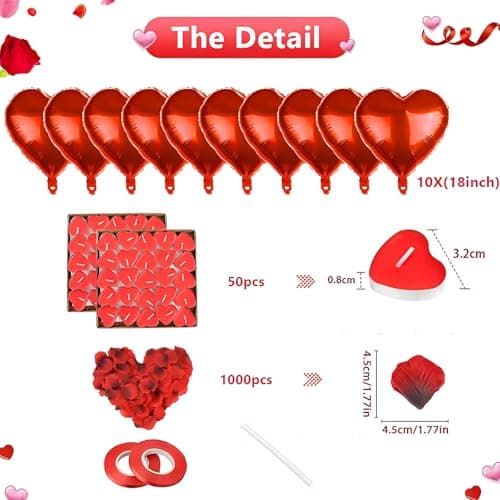 Bougies Romantiques et Pétales,Saint Valentin Décoration,50 Bougies en Forme de Coeur+10 Ballons Coeur Rouges+1000 Pétales de Rose Rouges en Soie,pour Mariage Saint Valentin D'anniversaire Fiançailles