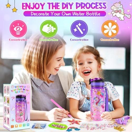 HGRGHH Licorne Bricolage Gourde, 600 ml Fille DIY Gourde, Kit de Loisir Créatif Enfant, Jeux Créatif Fille 5 6 7 8 9 10 Ans pour Cadeau Noël Anniversaire Cadeau, Sans BPA avec Autocollants, Porte-clés