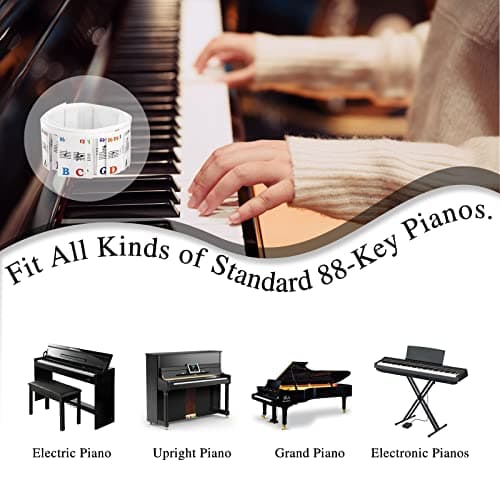 Amovibles Autocollants de Clavier de Piano Guide de Notes de Piano Pleine Grandeur à 88 Touches pas Besoin de Coller Étiquettes Colorées Réutilisables pour Clavier de Piano avec Boîte