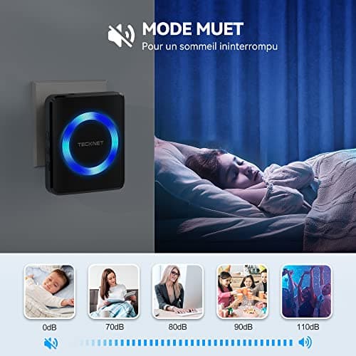 TECKNET Sonnette sans Fil, IP65 Exterieur Étanche Carillon 400 Mètres Two Récepteur Sonnette Electronique, 60 Mélodies 5-Niveaux LED Bleu, pour Maison, Hôtel, Urgence