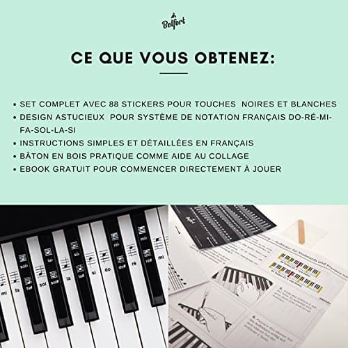 Belfort®️ Autocollants pour notes de piano + clavier pour 49 | 61 | 76 | 88 touches + Ebook gratuit | kit complet premium pour touches noires + blanches | do-ré-mi-fa-sol-la-si | instructions français