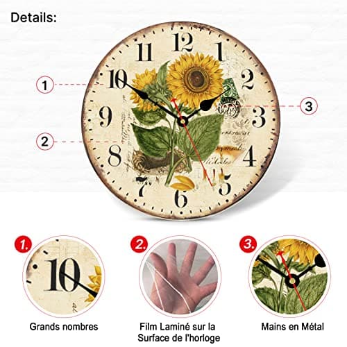 TAHEAT 20 cm L'été Tournesol Horloge Murale, Rétro Rustique Floral Fonctionnant sur Batterie Horloges, en Bois Décoratif Lisible pour la Maison/Bureau/École/Bar