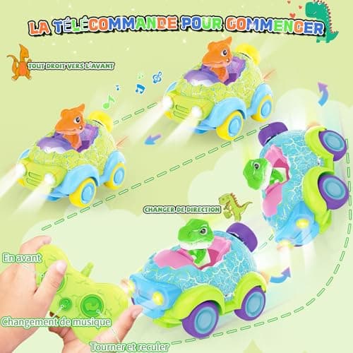 BuzzoXerex Voiture Télécommandée Enfant, Set de 2 Jouet Dinosaure Enfant, Dinosaure Voiture Telecommandé Enfant, Voiture Telecommandé Enfant avec Lumières et Musique, Cadeaux pour Enfants 2-6 Ans