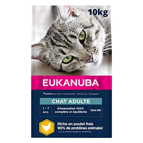 EUKANUBA - Croquettes Premium pour Chat Adulte - Alimentation 100% Complète et Equilibrée - Riche en Riz – Au Poulet Frais – Sans OGM, Sans Blé - Sac refermable – 10kg