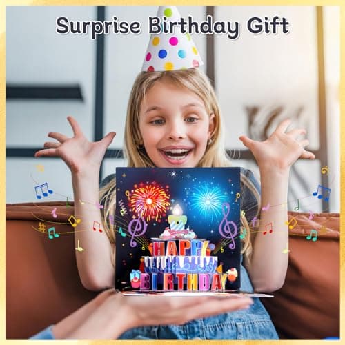 Carte d'Anniversaire avec Musique & Lumières, Blowable Carte Pop Up Anniversaire, Carte Anniversaire 3D Feux d'Artifice, Carte d'anniversaire avec Enveloppe pour Famille Amis