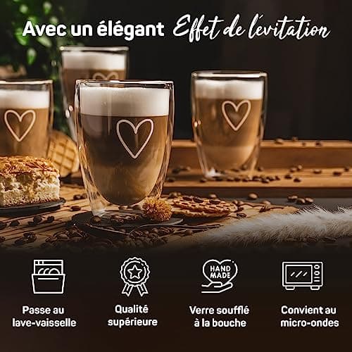 ElbFuchs® Tasses double paroi [4x 350ml] IDÉE CADEAU avec COEUR | Verre double paroi idéaux comme tasse cappuccino ou verre latte macchiato | Tasse à café original | Tasse transparente