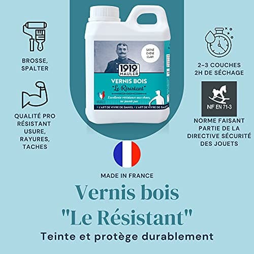 1919 BY MAULER - Vernis bois « Le Résistant » - 0,5L - Satiné Chêne Foncé - Protection contre taches et rayures pour meubles, poutres, boiserie intérieure.