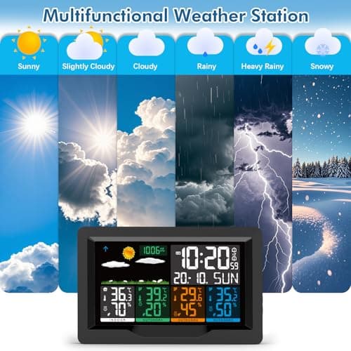 Qxmcov Station Météo sans Fil avec 3 Capteurs, Thermomètre Hygromètre Numériques Intérieure/Extérieure, Ecran LCD Couleur, avec Calendrier l'horloge Réveil Snooze Prévisions Température Humidité