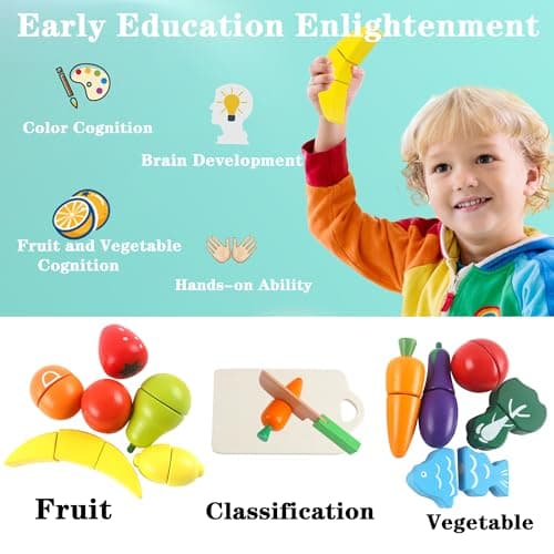 newlng Fruits en Bois à Découper Jouets Ustensile Fruits et Légumes Cuisine en Bois Enfant 2 Ans Cadeau pour Anniversaire Noël Journée des Enfants Paques Enfant Fille Garcon 3 4 5 6 Ans