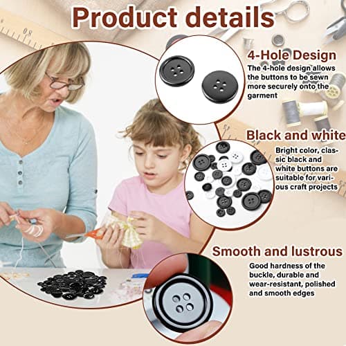 SIYINGSAERY 340 PCS Boutons Noir et Blanc 2.5cm 2cm 1.5cm 1.2cm 1cm Rond Boutons Mercerie Noir et Blanc Boutons 4 Trous Boutons en Résine Bouton Rond Couture pour Veste Pull Chemise Pantalon