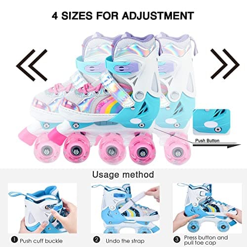 OLYSPM Patins à roulettes pour Enfants, 8 Roues Lumineuses et 4 Tailles réglables, Patins à Quatre Roues avec Sac de Rangement, Patins à roulettes à Double rangée pour Filles, garçons et débutants