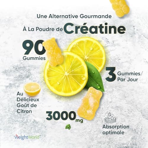 Créatine Monohydrate 3000mg - 90 Gummies Vegan (1 Mois) Sans Sucre Goût Citron - Booster Musculation, Performance Sportive - Créatine Gummies Pre Workout Booster Puissant & Prise de Masse Musculaire