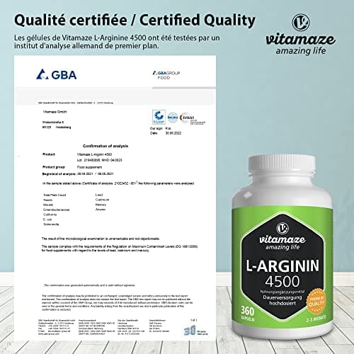 L-Arginine 4.500 mg Fort pour les Sportifs - 360 Gélules (3 Mois) - Performance Physique - Supplément d'Arginine Pure et Naturelle sans Additifs Inutiles